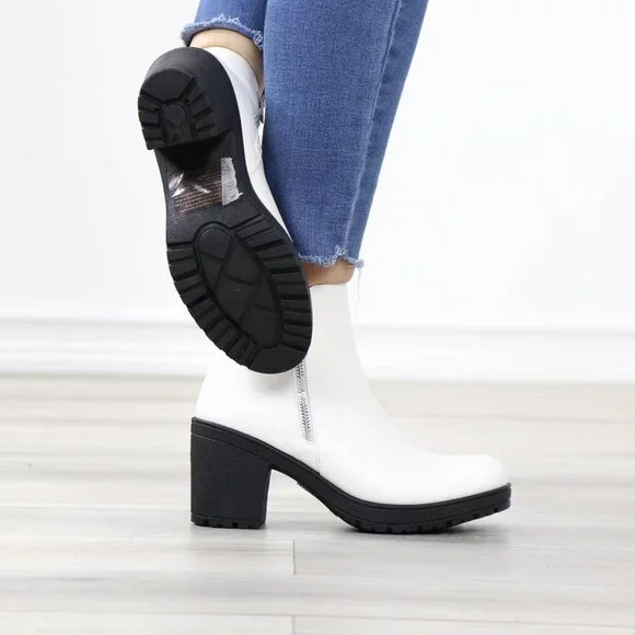 White Ankle Boots Chunky Lug Block Heel Synthetic Leather Round Toe - Picture 6 of 12